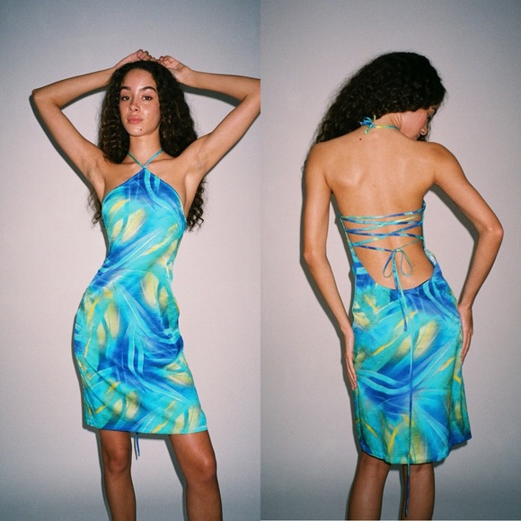 Kim Shui Dresses & Skirts - Kim Shui silk halter blue tropic slip dress size small